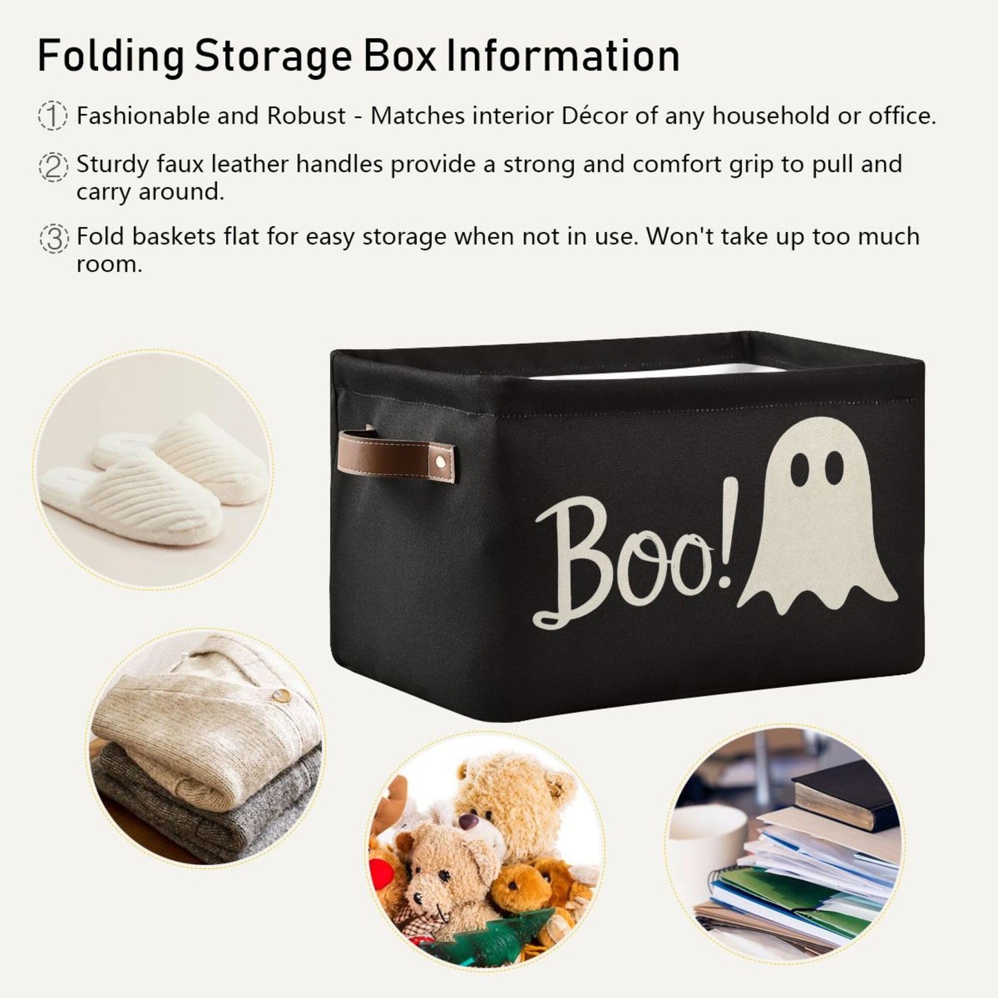 Wamika Halloween Ghost Boo Storage Basket with Waterproof Liner and PU Handles Spooky Bat Skull Storage Bins Boxes 14.2" Collapsible Decorative Organizer Baskets for Bedroom Closet Office 1 Pack