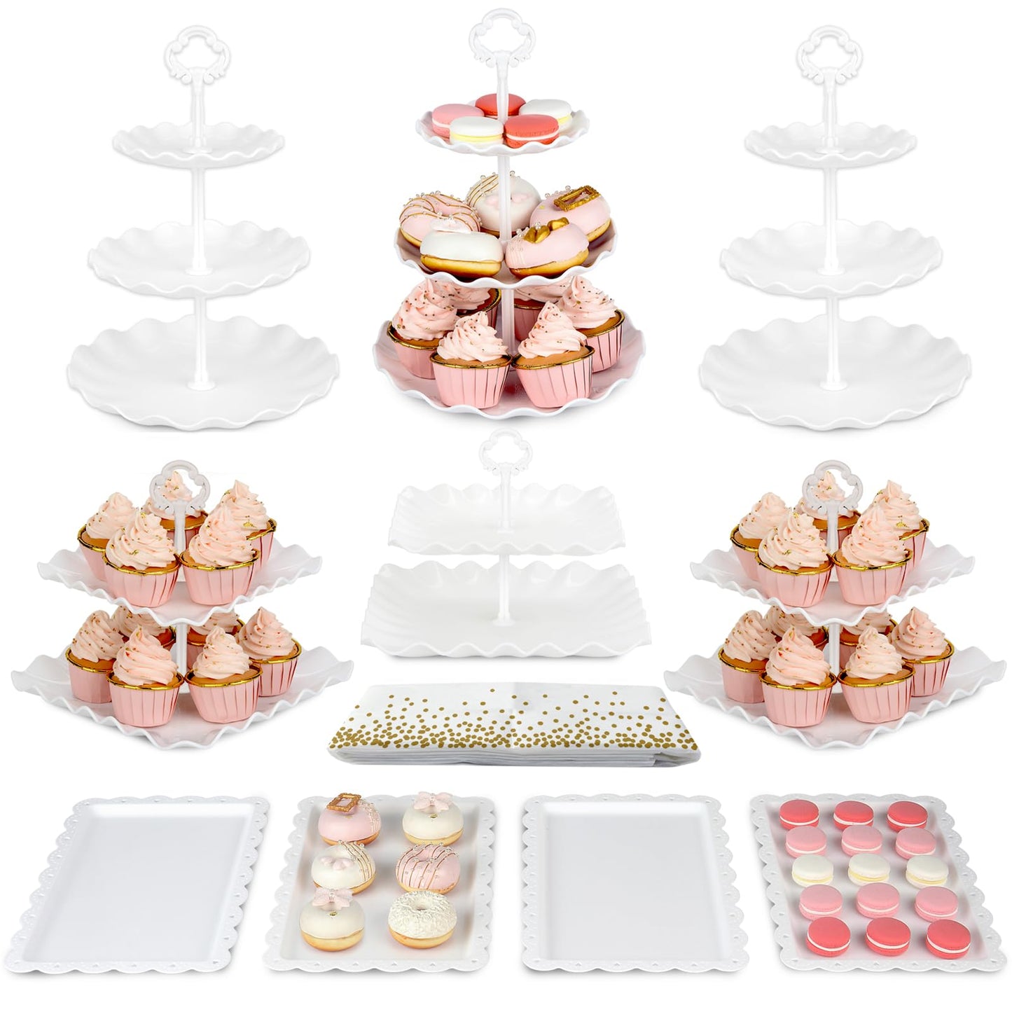 Pack of 11 NWK Cake Stand Set, with 3 x Two-Tier and 3 x Three-Tier Cupcake Stands, 4 x Appetizer Trays, 1 x Tablecloth for Birthday Bridal Baby Shower Party (White)