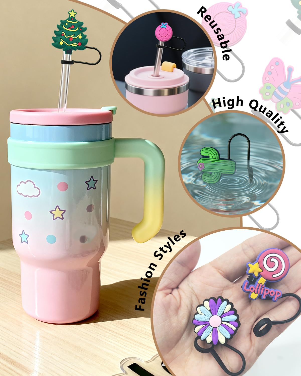 Cute Straw Toppers, 30 60 Pcs Lovely Cute Cover Cap, 10mm Silicone Straws Covers Cap Compatible for Stanley Cup, Funny Reusable Straws Toppers for Tumbler Cup Accessories Gifts (30)
