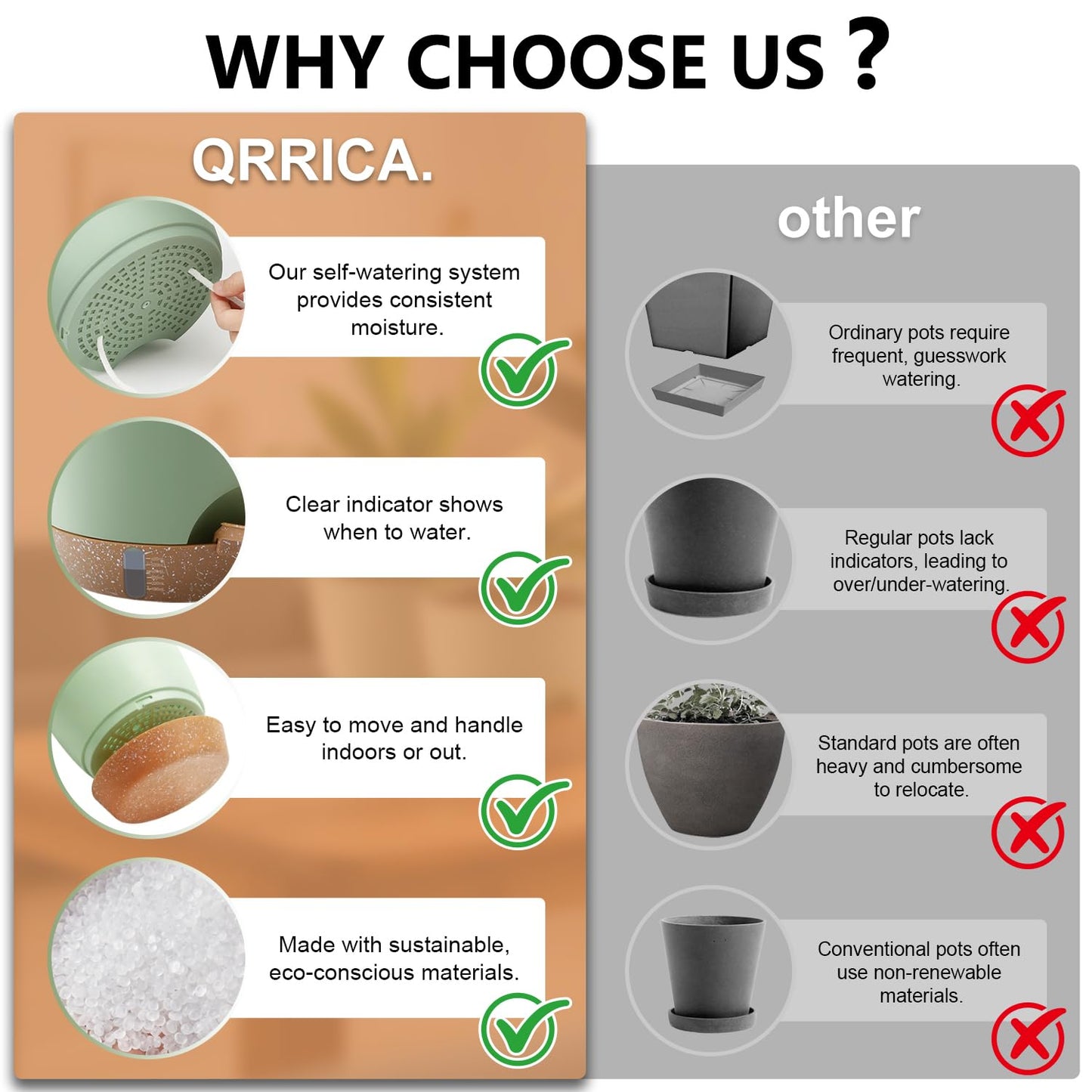 QRRICA Plant Pots 10/9/8/7.5/7 Inch Self Watering Pots, with Drainage Holes and Saucers,Water Level Indicator & Deep Reservoir,Large Plastic Planter for Indoor Out Door Plants (Green)