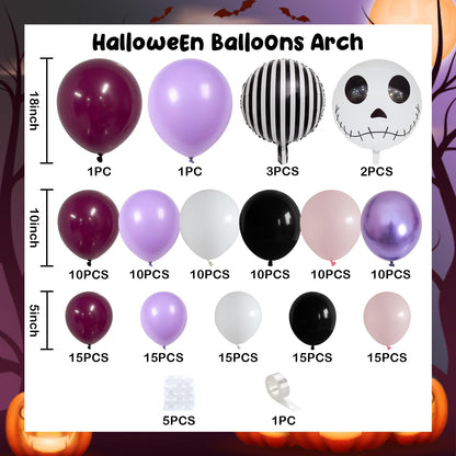 148 Pcs Halloween Balloon Arch Garland Kit, Pastel Pink Purple Black Halloween Birthday Party Decoration Stripe Skull Foil Balloons for Skeleton Haunted Yard Indoor Outdoor Spooky Party Supplies