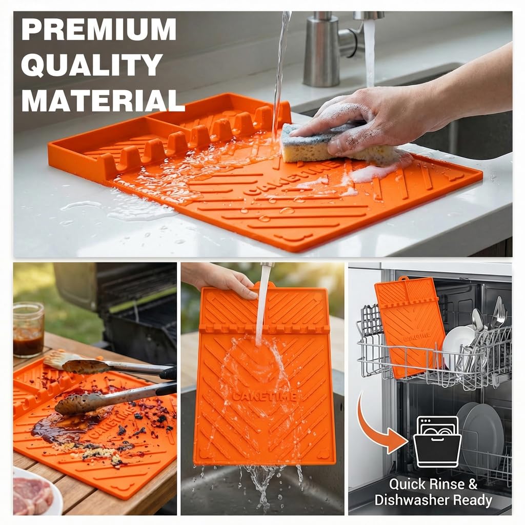 CAKETIME Silicone Grill Mats for Blackstone Griddle Accessories Baking Cooking Kitchen BBQ Must Haves Countertop Weber Traeger Stove Outdoor Camping Lawn Orange Father Dad Chef Men Gifts