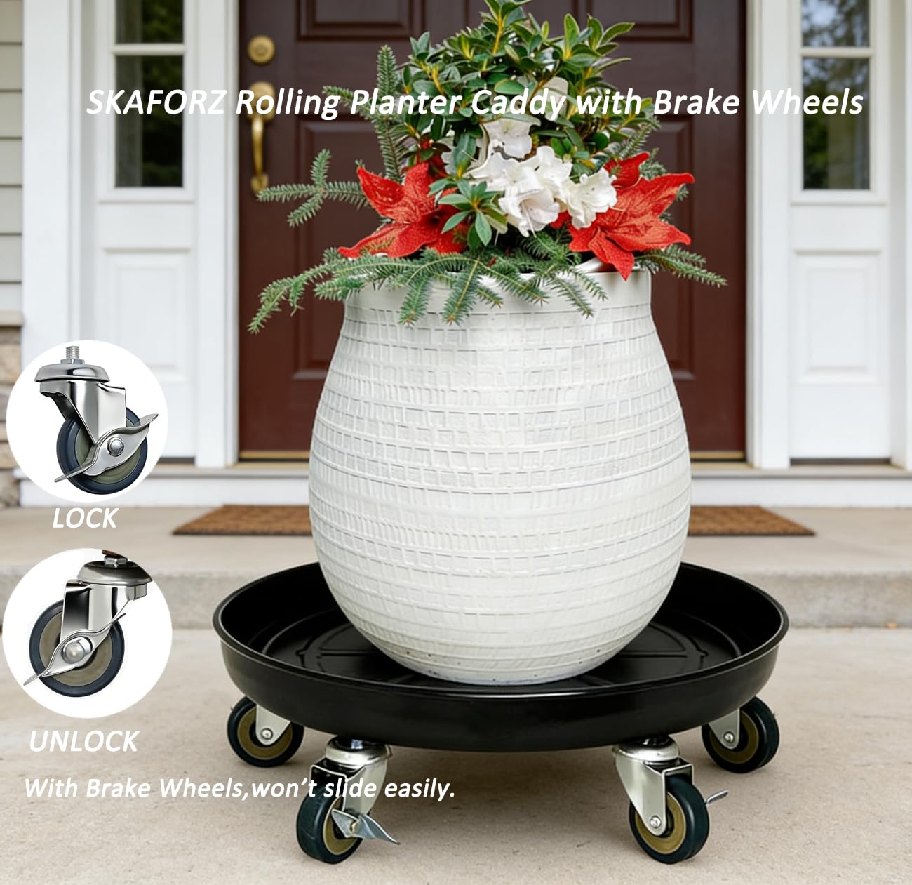 SKAFORZ Rolling Planter Caddy(570lbs Capacity), Heavy Duty Metal Plant Stand with Brake Wheels Plant Dolly Mover Plant Pot Tray Saucer for Indoor Outdoor 20 Inches Black