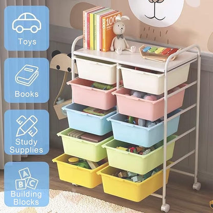 Ytaoka 10 Drawers Rolling Storage Cart, Plastic Drawer Cart with Metal Frame, Multipurpose Art Craft Cart Organizer with Wheels, Utility Cart with Drawers for Home, Office, School, Multicolor