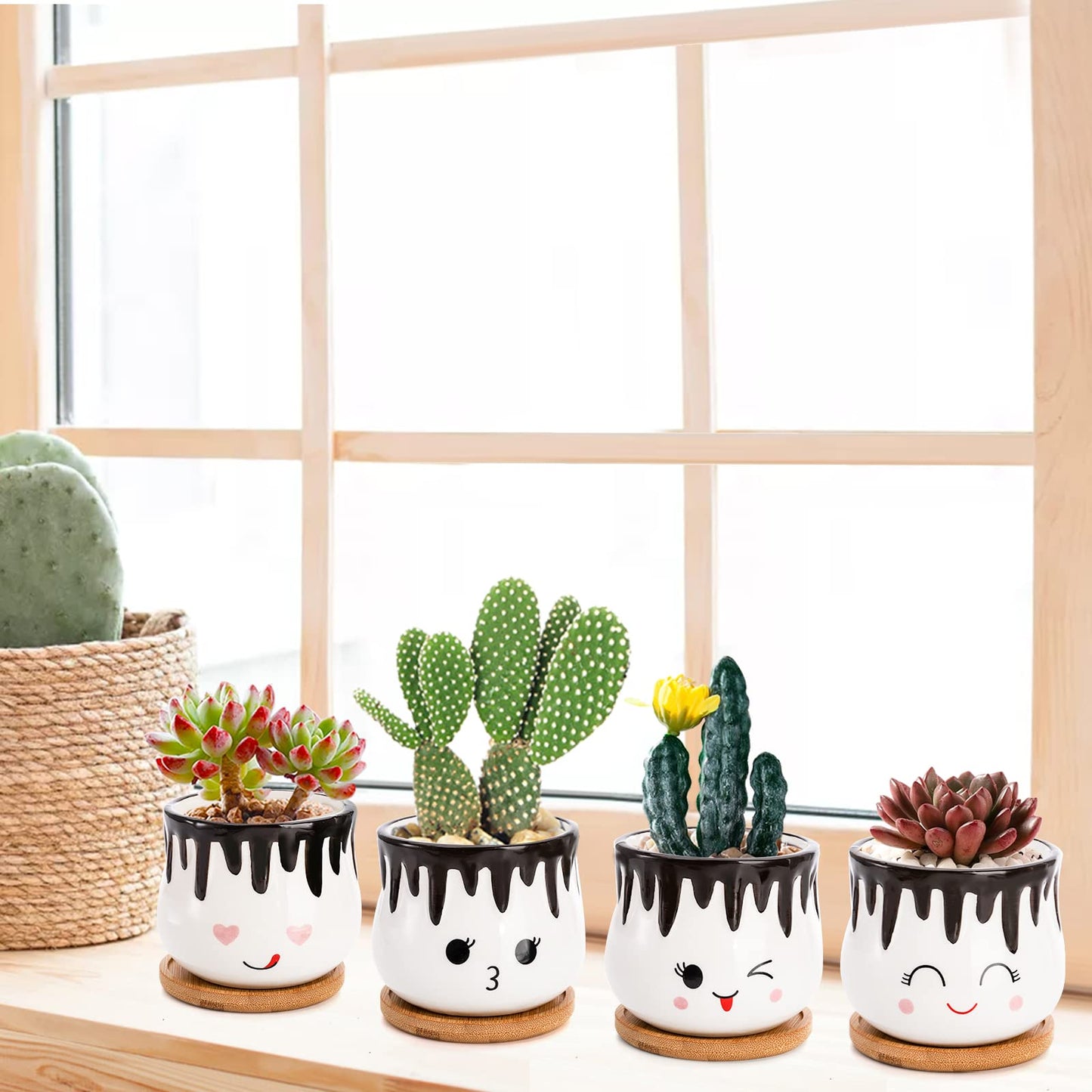 Hedume Set of 4 Succulent Pots with Bamboo Tray, 4 Inch Cute Hot Chocolate Ceramic Succulent Planter with Little Drainage Hole, Small Ceramic Plant Flower Pots for Home and Office Decoration