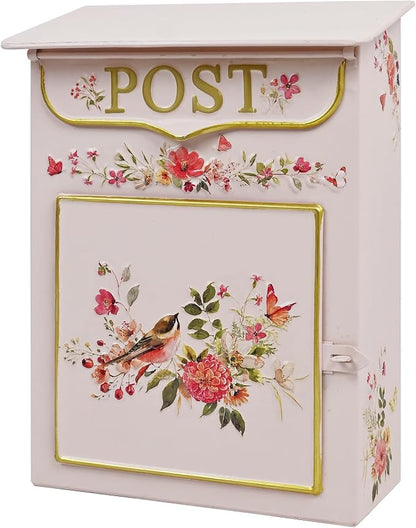 Mailbox Wall Mount Mailboxes for Outside Vintage Mail Boxes for House Outside Metal Drop Box Antique Style Nostalgic Charm Home Decorative, Flower Pattern Pink