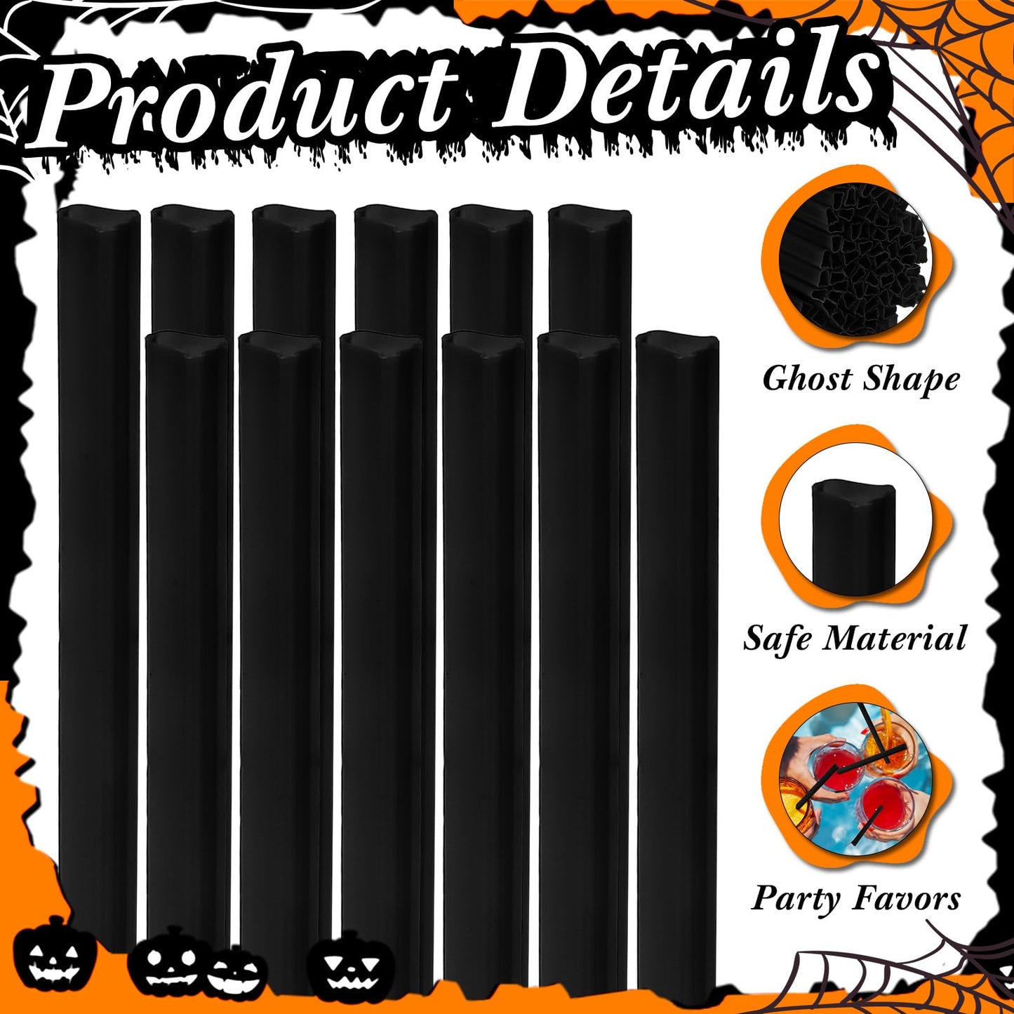 Potchen 100 Pcs Plastic Straws Disposable Drinking Straw Bulk for Cocktail Summer Wedding Birthday Party Spooky Party Supplies(Black,Ghost)