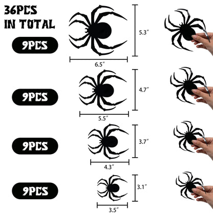 Dazzle Bright 36 Pcs LED Halloween 3D Spider Decorations Wall Stickers, 4 Different Size Removable PVC Wall Sticker for Indoor Home Window Decor Party Supplies