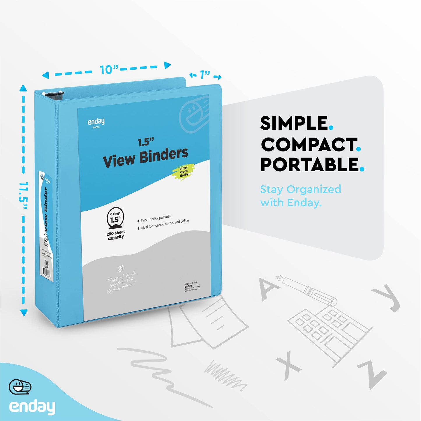 Enday 3 Ring Binder 1.5 Inch, Blue Heavy Duty Three Ring Binder, 325 Sheets Capacity - 1.5 Inch Binder for Home School and Office