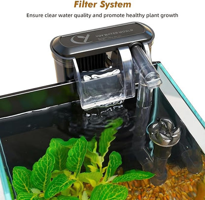 Rise Torrent Glass Fish Tank, 2.8 Gallon Betta Fish Tank Aquarium Starter Kit with Filter and Light, Small Desktop Aquarium Kit for Betta, Goldfish, Small Fish or shrimg