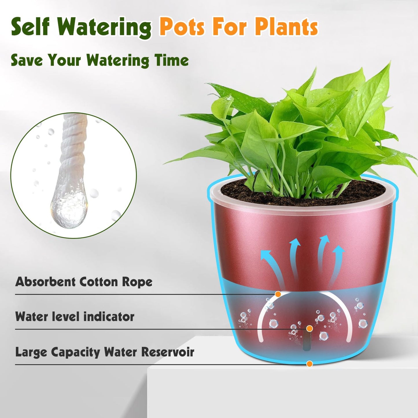 KvyusFlourish Self Watering Pots for Indoor Plants, 4-Pack 6.7'' Self Watering Planter with Drainage Holes, Small African Violet Pots with Water Indicator, Clear Wick Orchid Pot, Rose Gold
