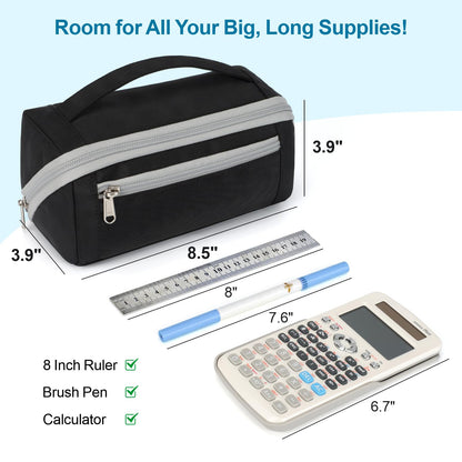 BrainyBees Large Capacity Pencil Case - Pencil Pouch for Teen Boys, Aesthetic Pouch Organizer with 8 Compartments, Wide Opening Marker Bag for Middle High School College, Fits Calculator, Black