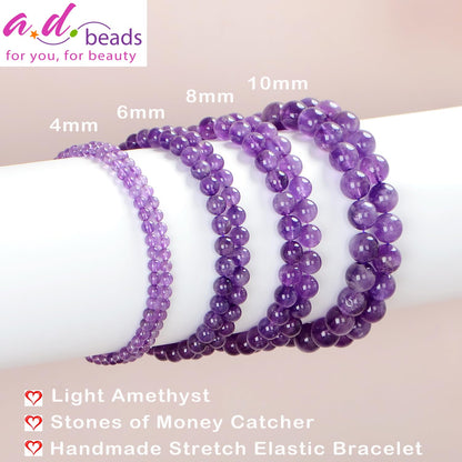 AD Beads Handmade Gemstone Stretch Elastic Bracelet Crystal Healing Reiki Nature's Beauty and Spiritual Essence Unisex (10mm, Purple Amethyst)