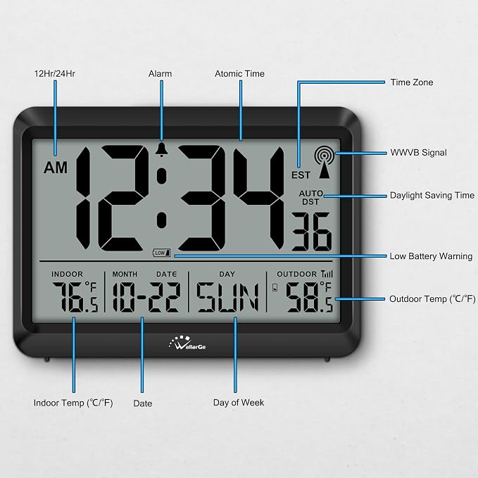 WallarGe Atomic Clock with Indoor Outdoor Temperature - 8.5'' Digital Clock Battery Operated, Self-Setting, 4 Time Zones, DST