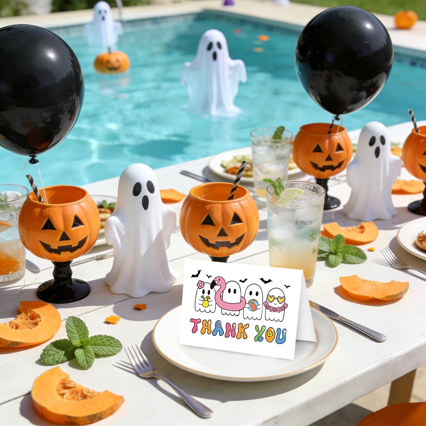 Whaline 24Pcs Summerween Thank You Cards with Envelopes Stickers Blank Greeting Cards Ghost Bat Swimming Ring Note Card for Summer Poor Party Supplies