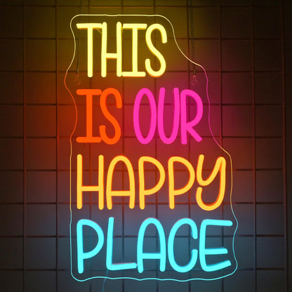 NOSUN This is Our Happy Place Neon Sign Happy Place Neon Signs for Wall Decor Dimmable Warm White LED Signs for Bedroom Classroom Man Cave Home Bar Birthday Party Game Zone Decor Neon Classroom Sign