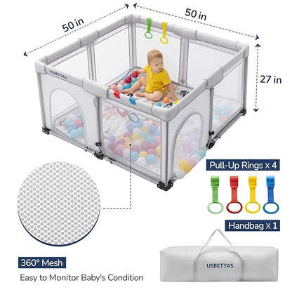 Foldable Baby Playpen, 1-Minute Setup, Lightweight Portable Playpen with Carry Bag, 50"x50" Indoor Outdoor Safty Play Yard for Babies & Toddlers, Light Gray