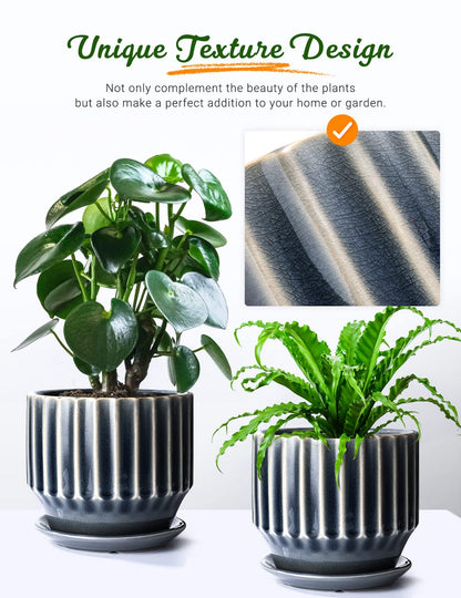 AISBUGUR Plant Pots 6 inch Ceramic Pots for Indoor Plants Set of 2 Flower Pots Unique Crackle Glaze Design Plant Pots with Drainage Hole and Saucer Come with Drainage Nets (Grey)