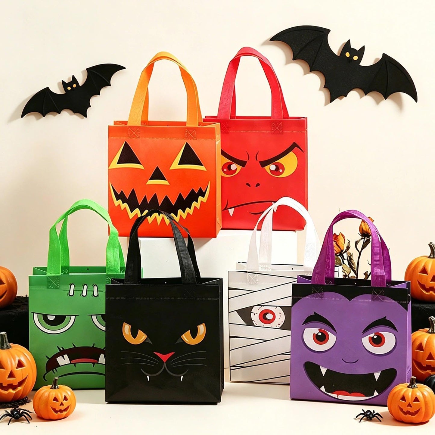 Zoonlinpp 24 Pcs Halloween Goodie Bags Cute Non-Woven Tote Goody Candy Gift Bag for Halloween Themed Trick or Treat Party