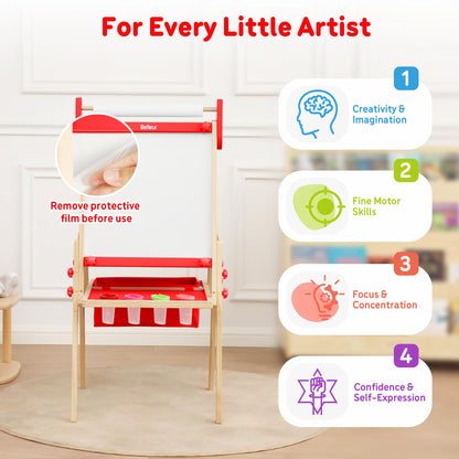 Belleur All-in-One Art Easel for Kids, Adjustable Double Sided Easel for Toddlers with Magnetic Whiteboard & Dry-Erase Chalk Board & Paper Roll, Child Painting Easel for Kid 2-8 Birthday Gift - Red