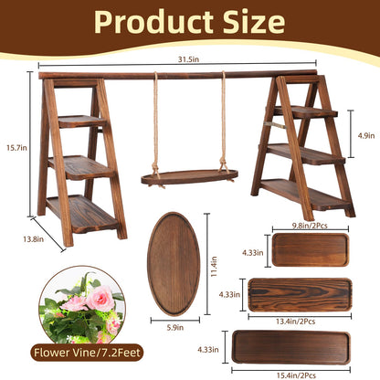 Wooden Cupcake Stand, 3 Tier Dessert Display Serving Tray with Swing and Flower Decoration, Foldable Tiered Ladders Stand for Party, Birthday, Wedding, Baby Shower, Table Food Display for Fruit Bread