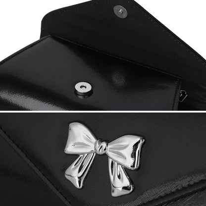 Gurina Evening Clutch Purse for Women with Bow Detail, Elegant PU Leather Shiny Party Bag with Detachable Chain Wedding Prom Handbag (Black L70)