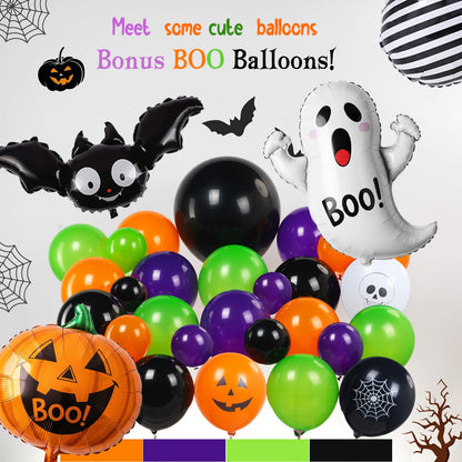 Halloween Decorations with Orange Black Green Purple Balloon Garland Arch & Spider web Bat Ghost Pumpkin Stripes foil Balloons for Horror Night one spooky Trunk or Treat Car Party Boo day Supplies