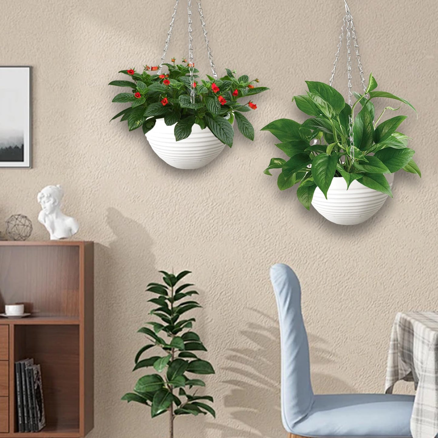 Srmayyi 4 Pack 8 inch Plastic Self Watering Hanging Planters,Round Hanging Basket Planter with Drainer and Metal Chain,White Garden Flower Plant Pot Container for Indoor Outdoor Plants