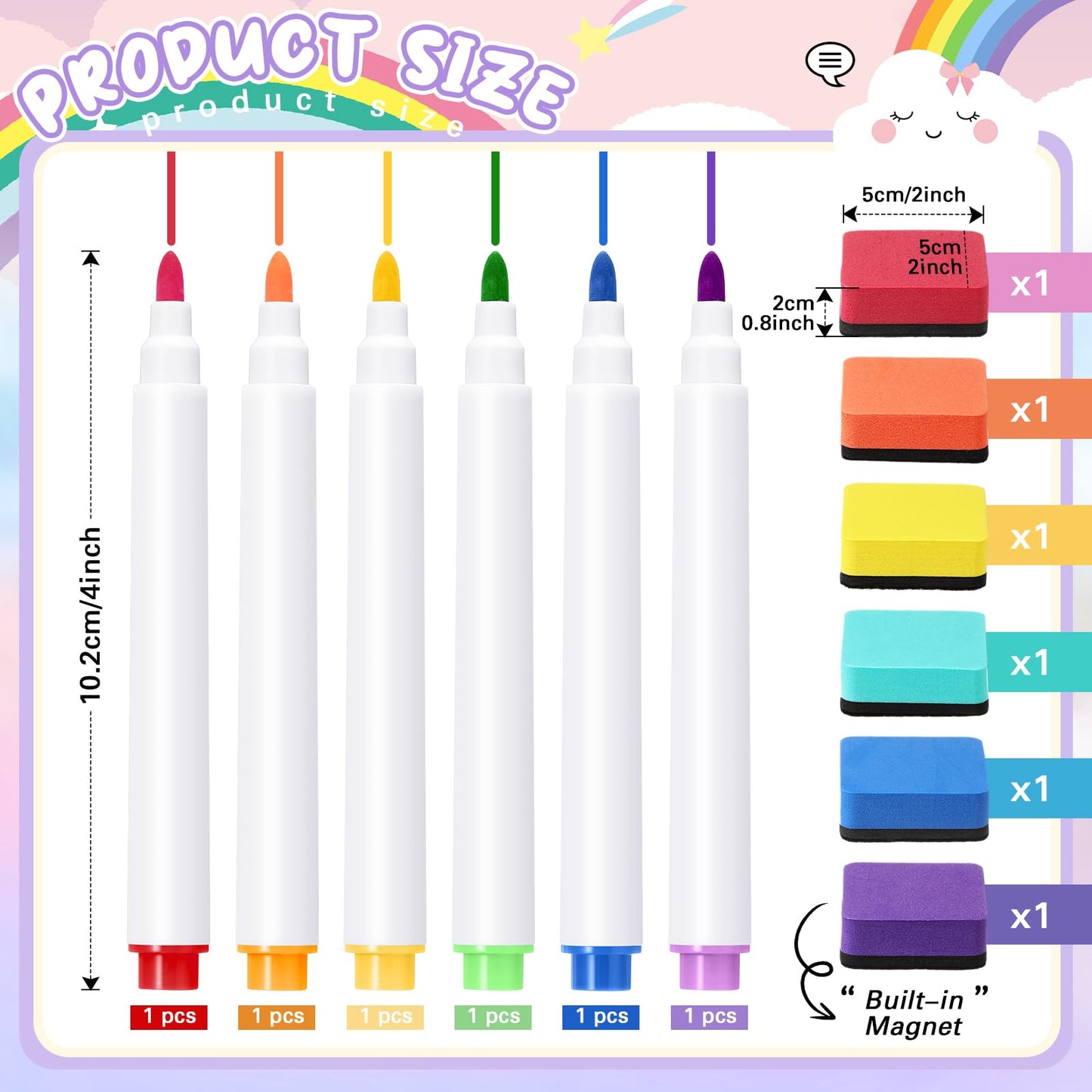 24 Pcs Dry Erase Pocket Reusable Sleeves 10" x 14" Clear Plastic Sheet Protectors with Markers and Mini Dry Erasers for Paper(Rainbow)