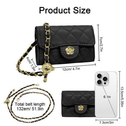 YAMEIZE Mini PU Leather Chain Belt Bag for Women Quilted Waist Purse Crossbody Fanny Pack Detachable Belt Chain