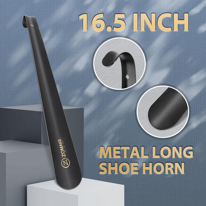 ZOMAKE Shoe Horn Long Handle for Seniors, 16.5 Inch Extra Long Metal Shoehorn for Boots, Men, Women, Kids