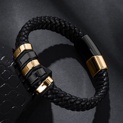 LJWVX Mens Black Leather Bracelets,Braided Leather Wristband Cuff Bracelet,Stainless Steel Clasp,Gifts for Men