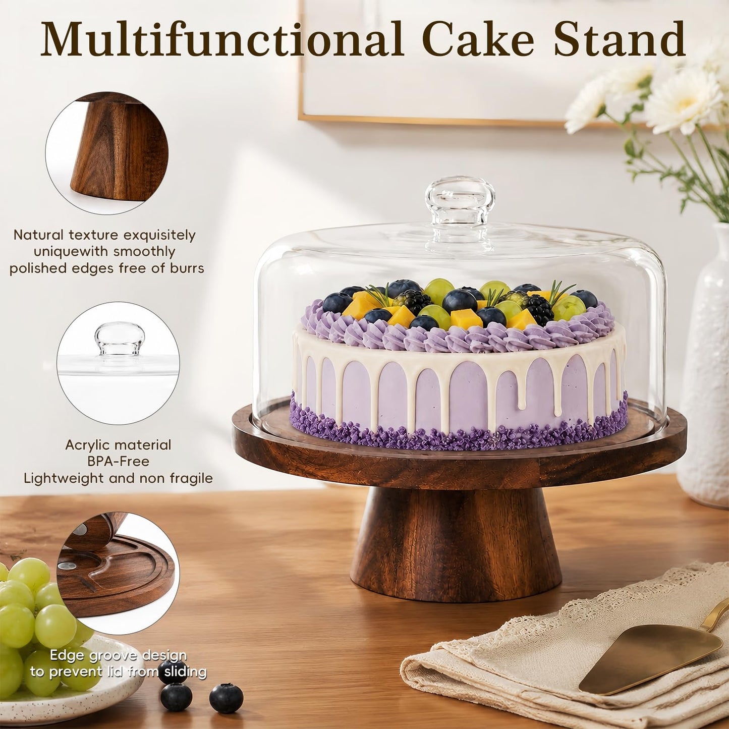 PopularLdo Acacia Wood Cake Stand with Lid - 12 Inch Magnetic Detachable Cake Stand with Dome, Shatterproof Acrylic Cover, Versatile Cake Holder & Charcuterie Board for Parties, Dessert Table Display