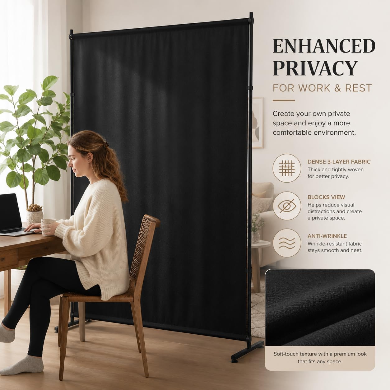 Room Divider Single Panel, 5FTX6FT Compact Privacy Screen with Thick Fabric,Temporary Partition Wall for Room Separation, Portable for Studio Apartment, Bedroom,Home Office,Black