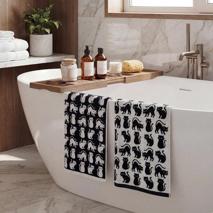 Breling 2 Pcs Cat Hand Towels Black White Cute Kitty Bathroom Towels 100% Cotton Highly Absorbent Soft Kitchen Dish Decorative Gifts for Cat Lovers Halloween Holiday Decorations, 13 x 29 Inch
