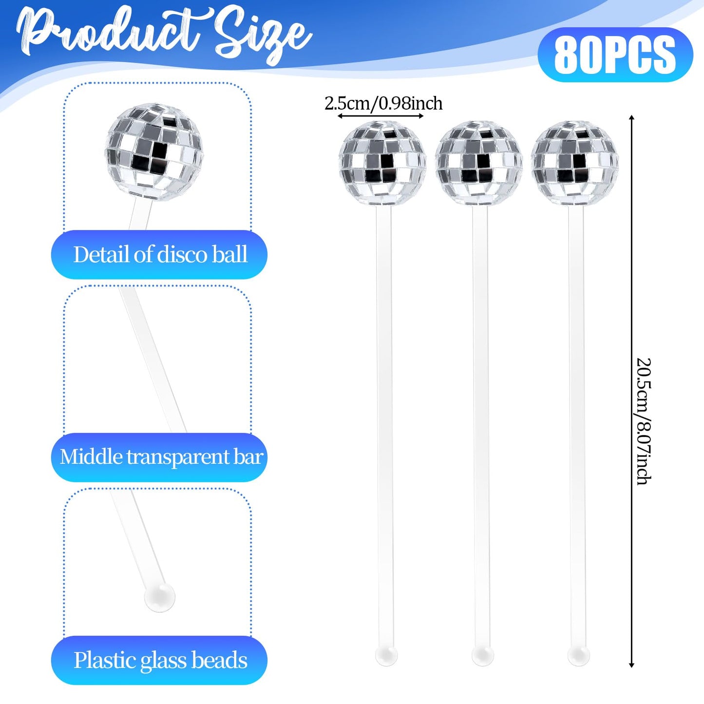 JJUNW 80 Pcs Disco Balls Cocktail Stirrers, Round Top Swizzle Sticks, Cake Pops Mirror Ball Coffee Beverage Stirrers Decorative Straws for Home Bar Bachelorette Wedding New Year Party Decor