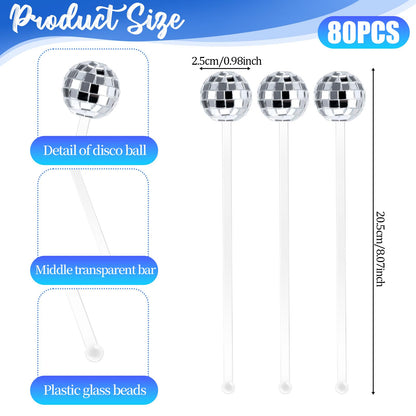 JJUNW 80 Pcs Disco Balls Cocktail Stirrers, Round Top Swizzle Sticks, Cake Pops Mirror Ball Coffee Beverage Stirrers Decorative Straws for Home Bar Bachelorette Wedding New Year Party Decor