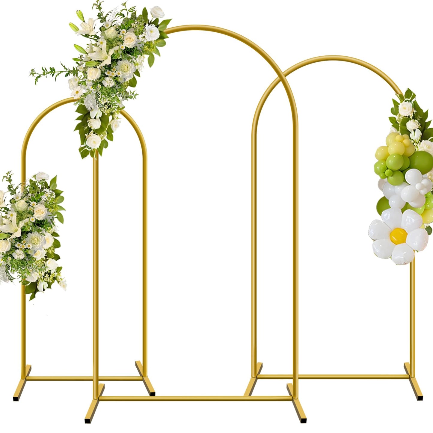 YAYOYA Metal Arch Backdrop Stand, Set of 3 (6/6.6/7.2 ft) Wedding Arched Frame with 12 Ground Nails, Stable Arched Background Stand for Wedding, Baby Shower, Birthday Party, Photography, Gold