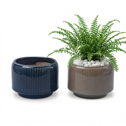 Sin wings 6 Inch Ribbed Ceramic Planter Set, Shallow Round Flower Pot with Drainage Hole, Modern Glazed Indoor Plant Pot for Fern Succulent Small Houseplant Desktop Windowsill Home Decor, 2 Pack