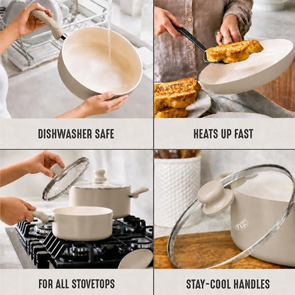 GreenLife 5 Quart Nonstick Stock Pot with Lid, Non-Toxic Ceramic Pot, Dishwasher Safe, Induction Ready, Fast Heating, Stay-Cool Handles, Kitchen Casserole, Soup, Pasta, Easy Clean, Beige Taupe