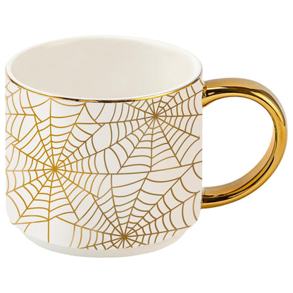 Sweet Water Decor Gold Spiderwebs Mug, 14oz Fine Bone China Coffee Cup with Gold Handle, Cute Halloween Decorations for Home, Spider Web Mug Fall Seasonal Decor, Spooky Season Gifts for Women