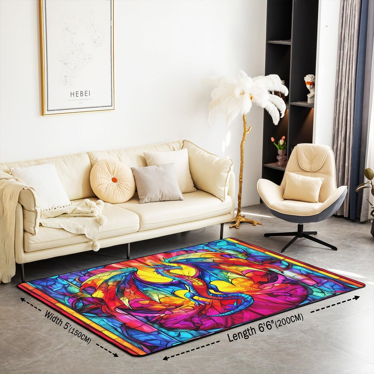 Flying Dragon Kids Area Rug,Western Wing Dragon Gothic Halloween Mats Rugs for Boys Girls,Geometric Abstract Modern Bath Carpets,Rainbow Retro Bath Rugs,Absorbent Floor Mats,5'x6'6''