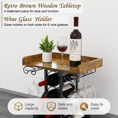 X-cosrack Wine Rack Freestanding Floor, Wine Storage Rack Mini Bar Table with Tabletop, Glass Holder Wine Bottle Display Stand Liquor Cabinet for Home Bar Kitchen Living Room