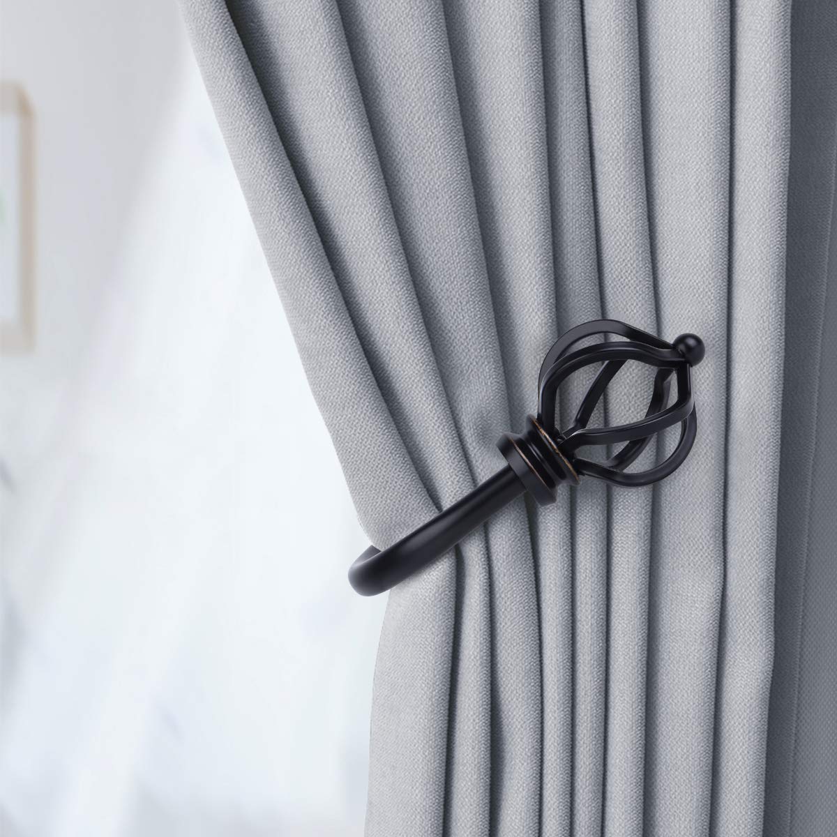 KAMANINA Decorative Curtain Drapery Holdbacks for Wall, Black Curtain Tiebacks Holders with Screws Wall Mounted for Drapes Window Home Decoration, Twisted Cage Finials, 1 Pair/2 Pack, Small