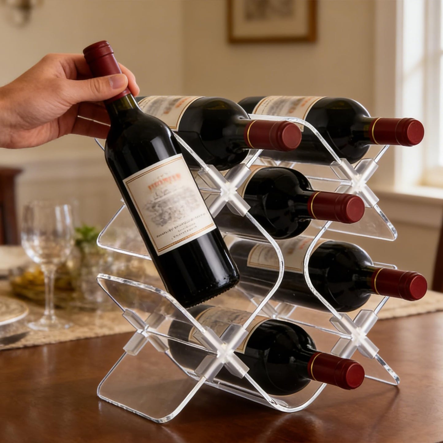 EVERBBKING Acrylic 6 Bottle Countertop Wine Rack, Clear Freestanding Tabletop Wine Holder, Modern Space-Saving Wine Storage Organizer for Kitchen Bar Pantry
