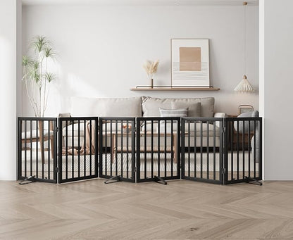Semiocthome Wood Dog Gates for The House Extra Wide, 6-Panel Freestanding Pet Gates with 4PCS Metal Stands for Doorways and Stairs, 24" H Foldable Dog Fences Indoor, Expands Up to 110" (W)- Black