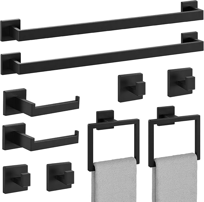 10-Pieces Matte Black Bathroom Accessories Set, 24 Inch Bathroom Hardware Set, SUS304 Stainless Steel Bath Towel Bar Set, Towel Racks for Bathroom Wall Mounted