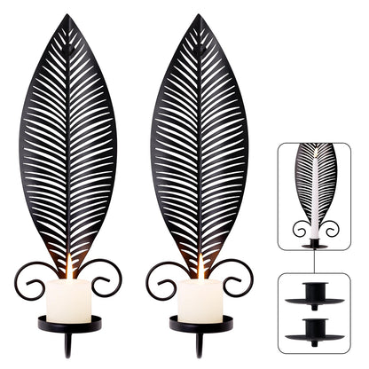 Leaf Shape Candle Holder Wall Set of 2,Wall Sconce with 2 Removable Trays,Gothic Antique Candelabra,Mounted Stylish Candlestick Holder Home Decor Candle Stand for for Living Rooms Hallways(Black)