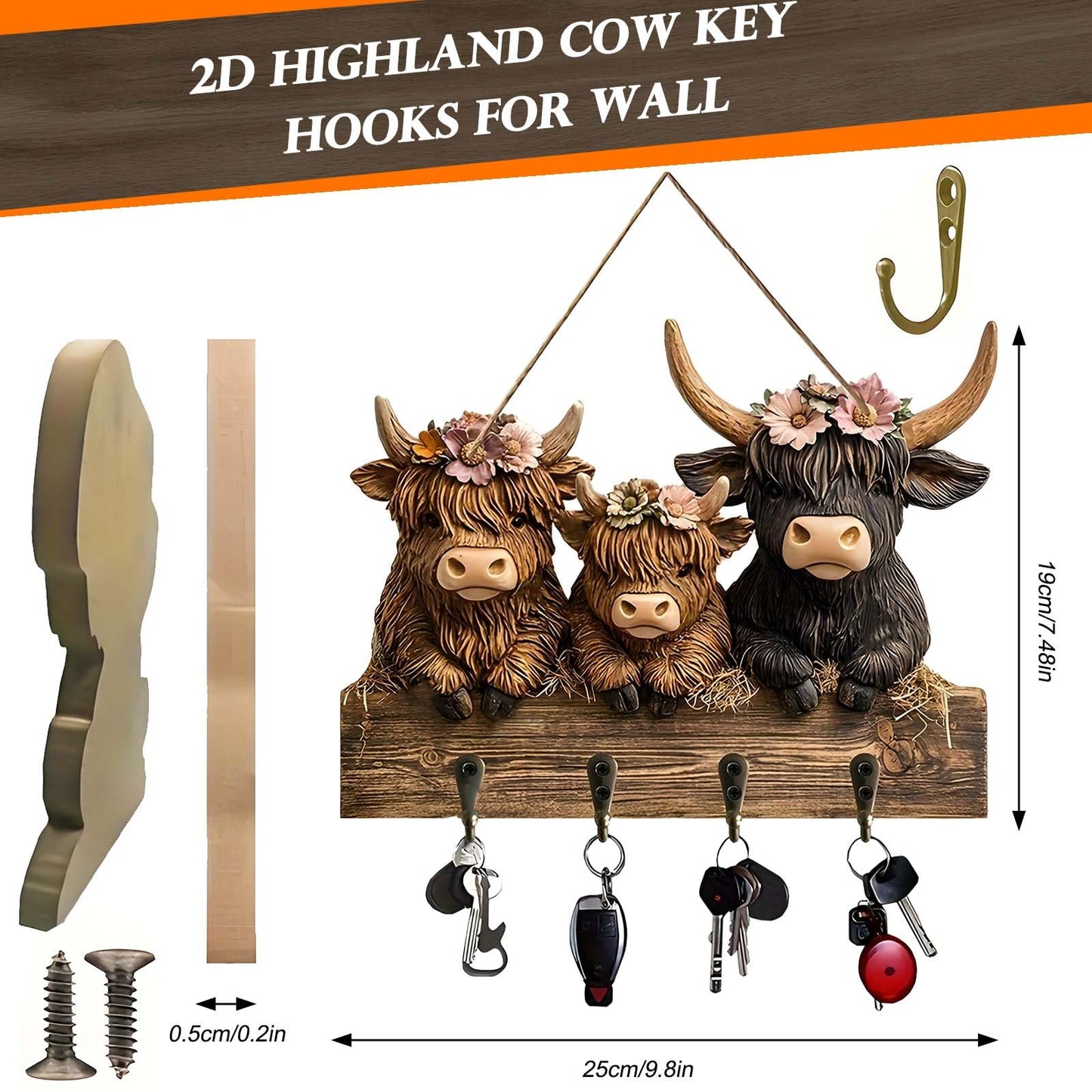Dexprosy 2D Highland Cow Key Hooks for Wall - Wooden Key Holder and Organizer with Flat Design for Home, Office, or Garage Decor