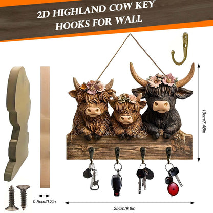 Dexprosy 2D Highland Cow Key Hooks for Wall - Wooden Key Holder and Organizer with Flat Design for Home, Office, or Garage Decor